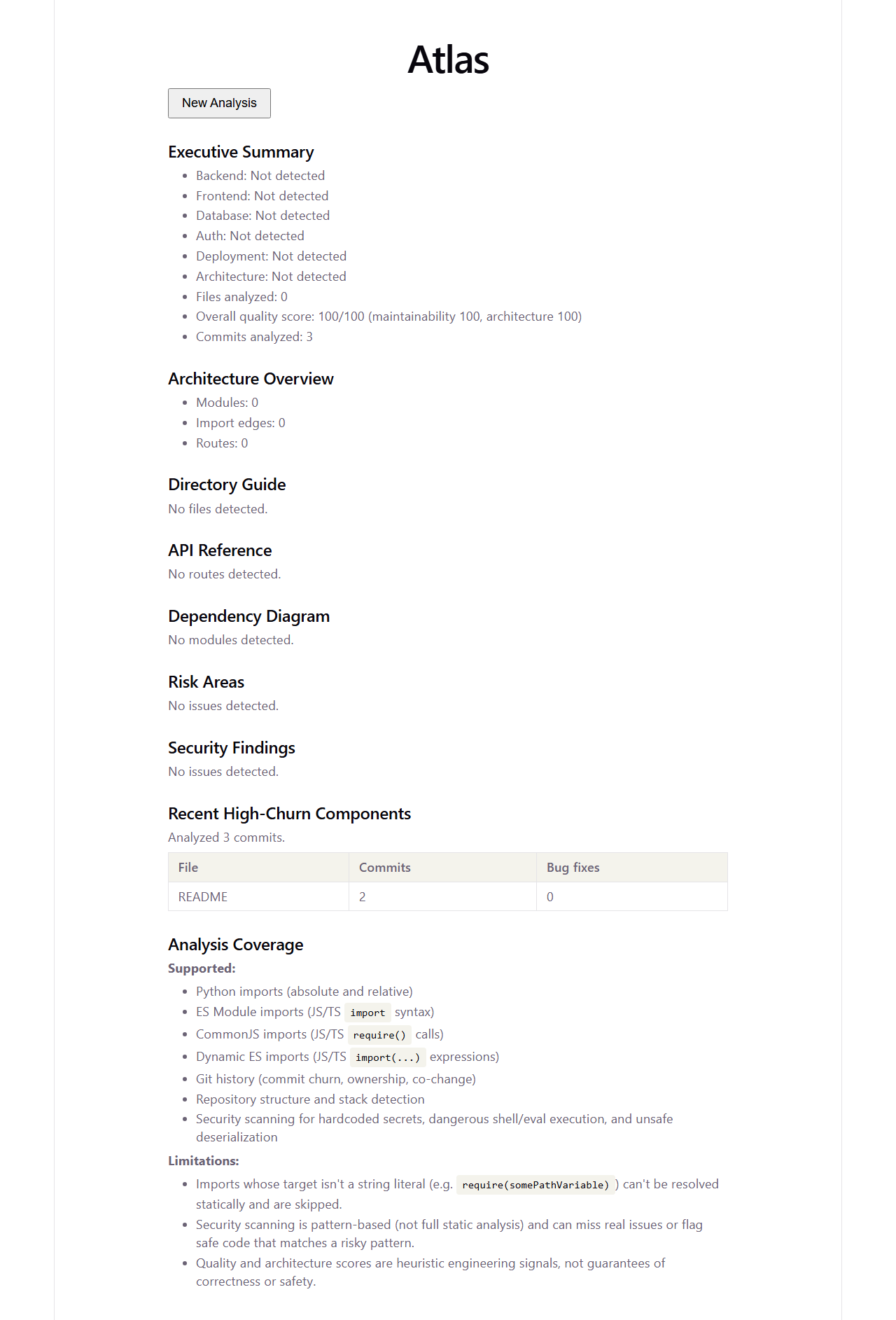 Atlas rendering a generated Markdown report, with score cards, a directory guide, and a dependency diagram.