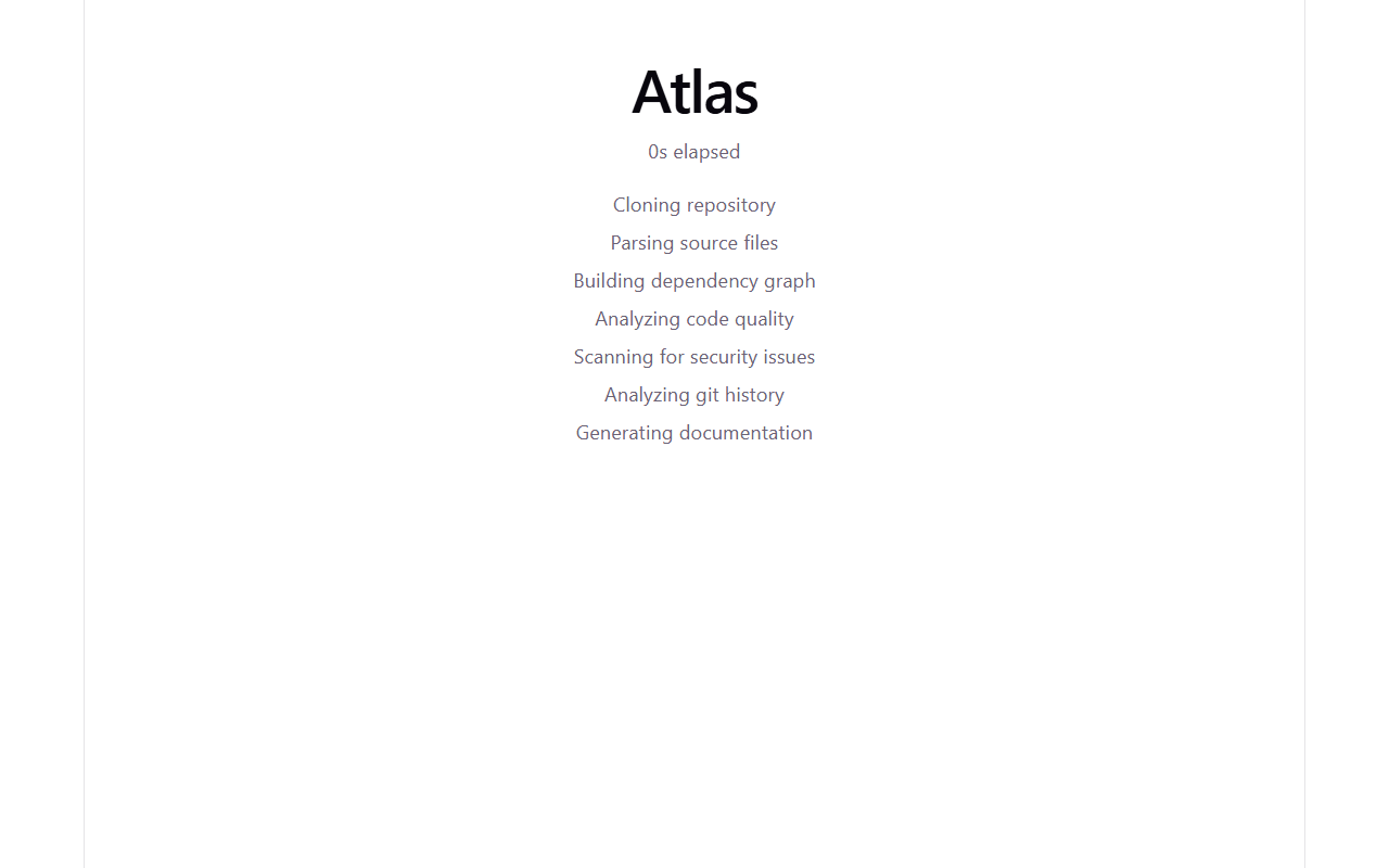 Atlas showing live per-stage progress while analyzing a repository.